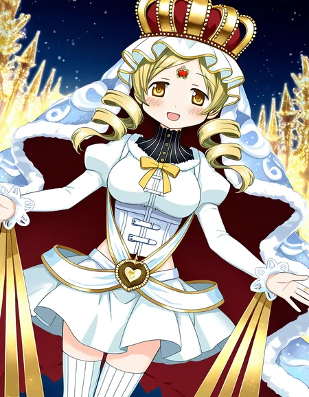 masterpiece, best quality, newest, absurdres, highres, safe, 1girl, holy mami, magia record: mahou shoujo madoka magica gaiden, solo, smile, open mouth, night, outdoors, dutch angle, <lora:tomoe_mami_noobaiXLNAIXL_vPred10Version:0.7>