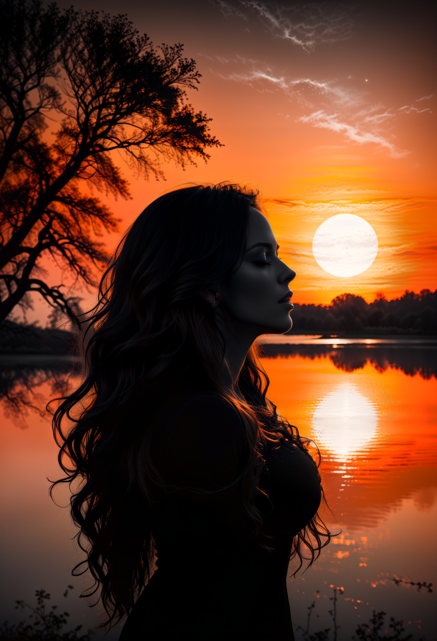 a pitch black setting with a silhoutte of a beautiful long haired woman lit up by a orange hue, magical, silhouette, orange theme, orange horizon, tree silhouette, eyes closed, ephemeral, reflection, romantic  <lora:sdxl\add-detail-xl> <lora:sdxl\xl_more_art-full_v1>