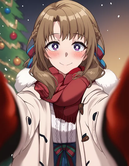 score_9, score_8_up, score_7_up, source_anime, <lora:mamako-oosuki-s1-ponyxl-lora-nochekaiser:1>, mamako oosuki, long hair, brown hair, purple eyes, hair ribbon, braid, bright pupils, french braid, white pupils, large breasts,, <lora:pov-cheek-warming-ponyxl-lora-nochekaiser:1>, pov cheek warming, pov cheek warming (meme), winter gloves, duffel coat, fur-trimmed scarf, winter clothes, red mittens, meme, winter coat, red scarf, fur-trimmed coat, reaching towards viewer, reaching, mittens, fur-trimmed hood, white coat, open coat, scarf, coat, red gloves, snowing, pov, fur trim, depth of field, smile, blush,, christmas, christmas tree, christmas lights,,