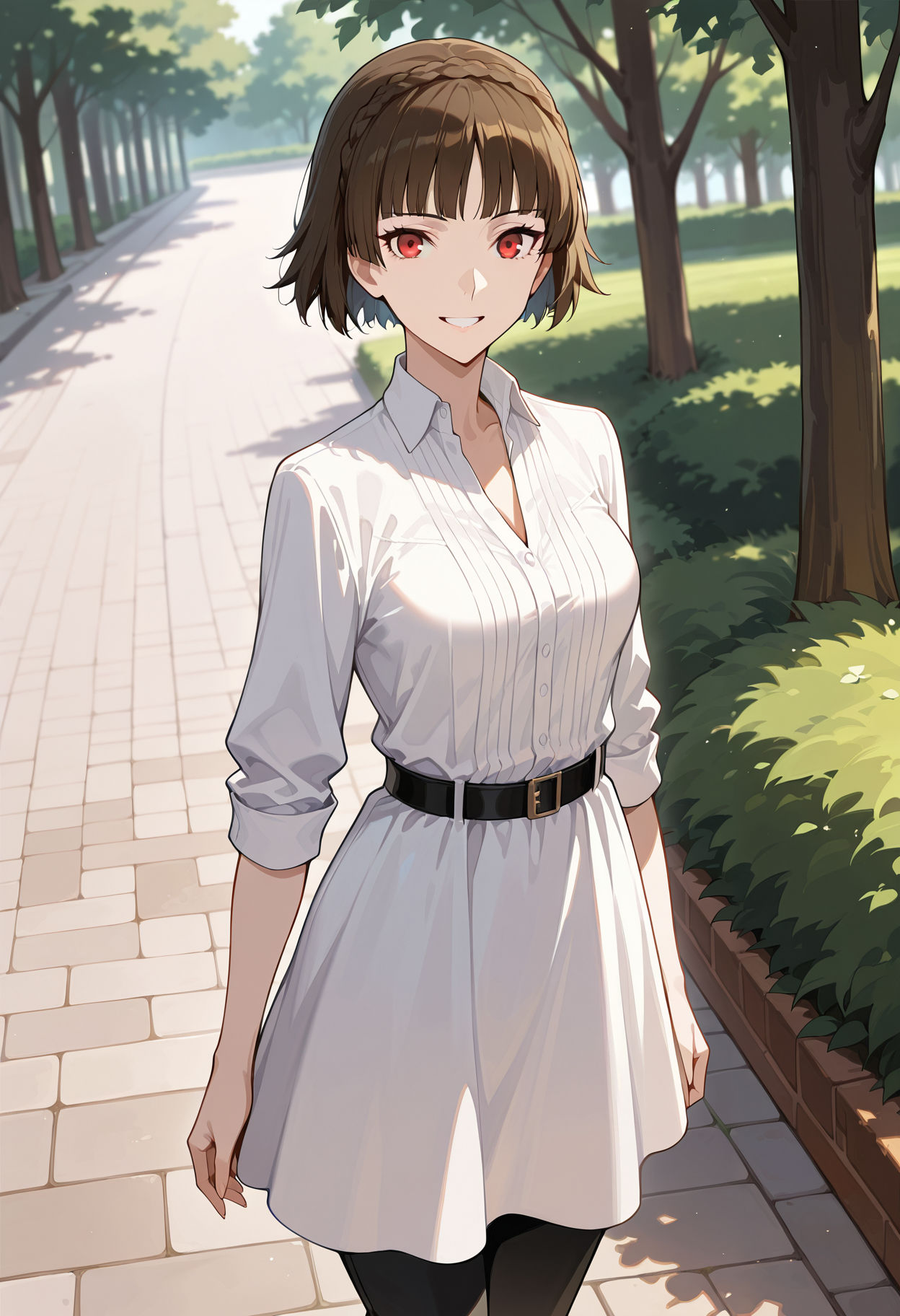 (masterwork, masterpiece, best quality, hyper-detailed :1.2)
1 girl, solo
p5makoto, niijima makoto, brown hair, blunt bangs, crown braid, red eyes,
p5makoto-sumcas, shirtdress, dress, white dress, open collar, black pants, capri pants, black belt, thin belt, loose belt, 
outside, park, trees, greenery, standing, smile, teeth, looking at viewer,