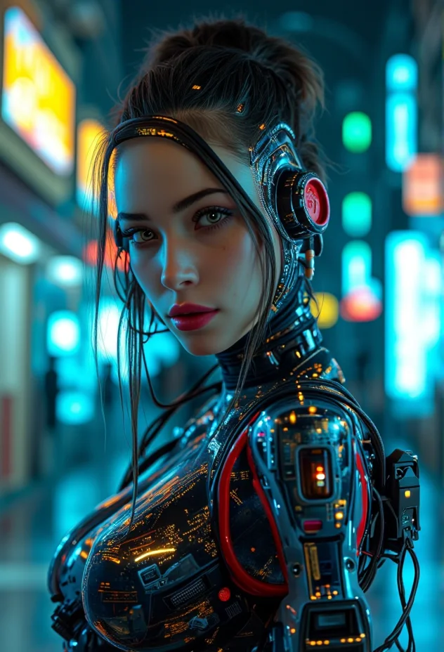 A portrait of a cyberpunk character in a neon-lit urban environment . The scene is detailed and realistic, emphasizing the futuristic, cyberpunk aesthetic. The setting is immersive, with intricate details like holographic displays .<lora:bv-cybstyenh-v1.safetensors:1.0:1.0>