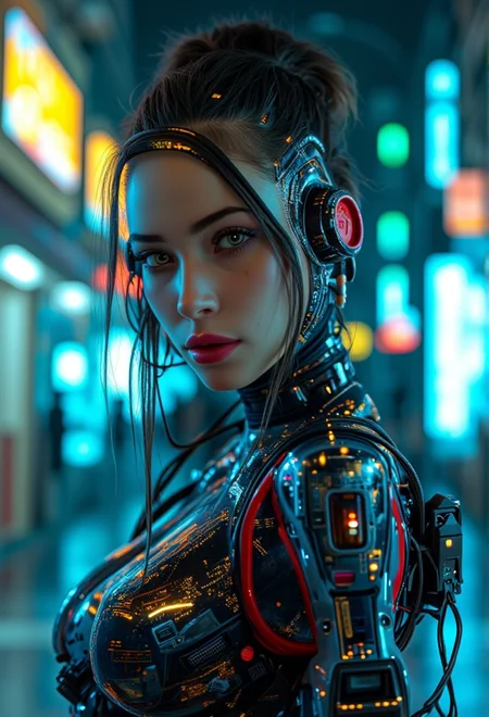 A portrait of a cyberpunk character in a neon-lit urban environment . The scene is detailed and realistic, emphasizing the futuristic, cyberpunk aesthetic. The setting is immersive, with intricate details like holographic displays .<lora:bv-cybstyenh-v1.safetensors:1.0:1.0>