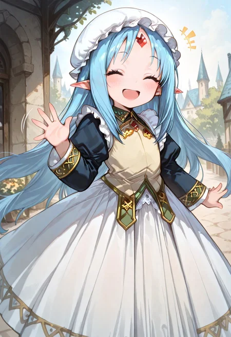masterpiece, best quality, good quality, very awa, very aesthetic, absurdres, newest, gr4ph1t3, beautiful eyes, perfect eyes, detailed eyes, 1girl, solo, eset_kalar_il ,pointy ears,blue hair,long hair,red gem forehead,, Victorian style maid clothes, full sleeves, long apron, classic, maid mob cap, looking at viewer, happy, open mouth, closed eyes, very cute, blush, heartwarming, waving hand, motion lines, closeup, outdoors, intown, fantasy