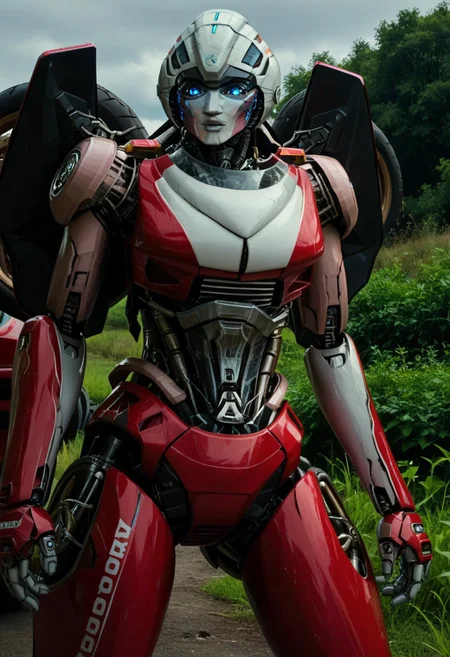 score_9, score_8_up, score_7_up, screencap, detailed eyes, ArceeROTB, autobot, 1girl, solo, red and white body, mechanical parts, robot, helmet-like head, robotic face, glowing blue optics, wheels on back, ducati printed on right leg, autobot forehead symbol, fairing-like chest, blue eyes, narrow waist, unique pose, sunny