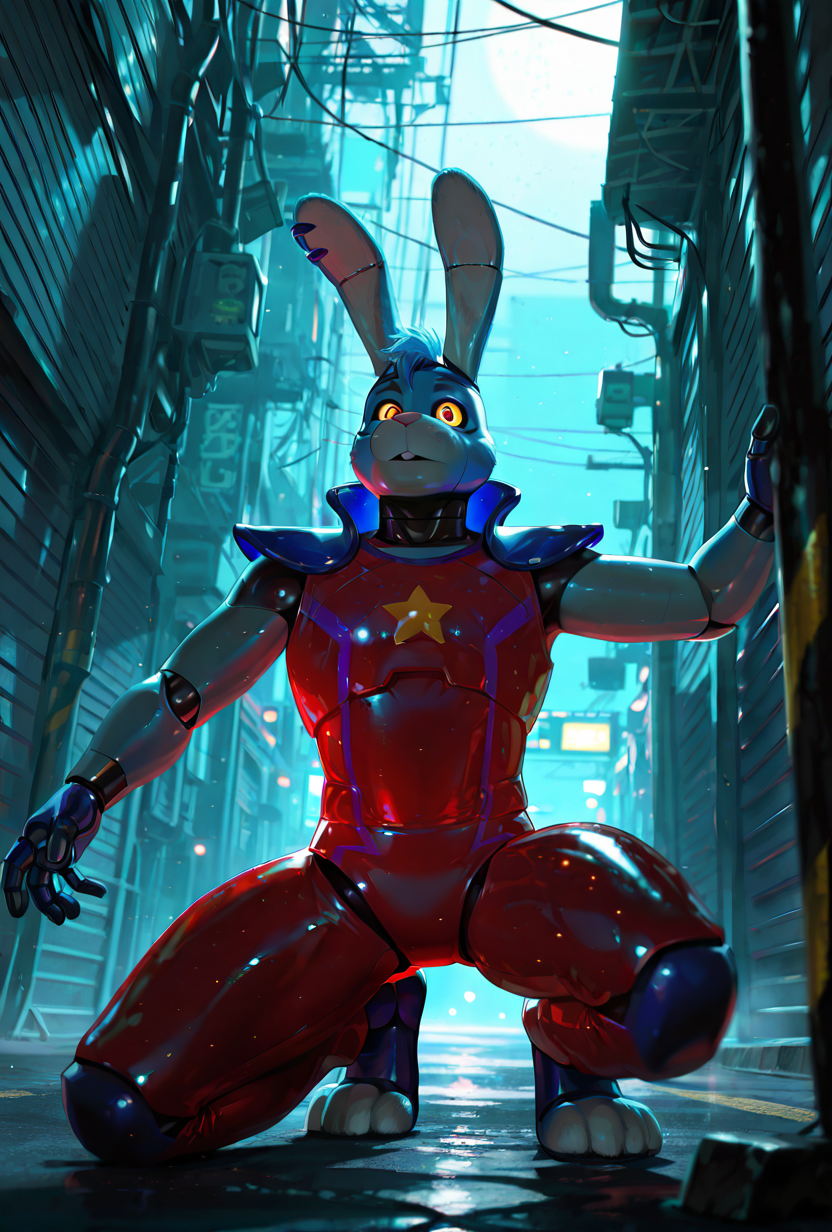 <lora:glambon-10:1> glambon, rabbit ears, cyan skin,, male focus, red swim suit, sleeveless, , solo, star (symbol), robot, furry,  <lora:KMS_BetterDays_ILXL:1> HDR, 8K, high contrast, masterpiece, best quality, amazing quality, very aesthetic, superabsurd res, high resolution, ultra-detailed, absurdres, newest, scenery, (horikoshi kouhei:0.3), (quasarcake:0.3), (wlop:0.3), light rays, chiaroscuro, epic, dynamic angle, foreshortening, epic, dramatic,  night, dark, cyberpunk, godrays, Intricately designed, Mysterious, BREAK, photorealistic, beautiful detailed ,volumetric lighting, dappled light, light particles, dramatic shadows, cinematic lighting, depth of field, masterpiece, best quality, amazing quality, very aesthetic, absurdres, newest,