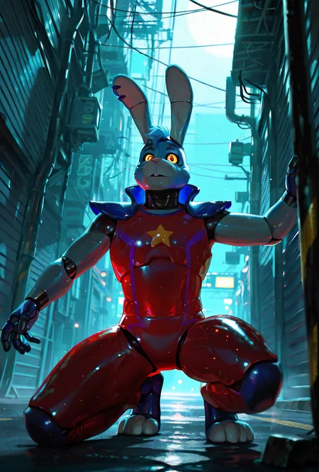 <lora:glambon-10:1> glambon, rabbit ears, cyan skin,, male focus, red swim suit, sleeveless, , solo, star (symbol), robot, furry,  <lora:KMS_BetterDays_ILXL:1> HDR, 8K, high contrast, masterpiece, best quality, amazing quality, very aesthetic, superabsurd res, high resolution, ultra-detailed, absurdres, newest, scenery, (horikoshi kouhei:0.3), (quasarcake:0.3), (wlop:0.3), light rays, chiaroscuro, epic, dynamic angle, foreshortening, epic, dramatic,  night, dark, cyberpunk, godrays, Intricately designed, Mysterious, BREAK, photorealistic, beautiful detailed ,volumetric lighting, dappled light, light particles, dramatic shadows, cinematic lighting, depth of field, masterpiece, best quality, amazing quality, very aesthetic, absurdres, newest,
