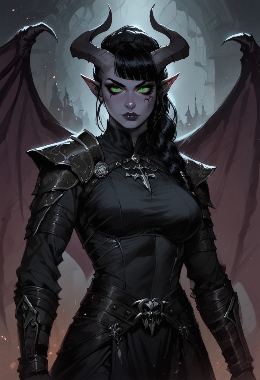 safe_pos, score_9, score_8_up, score_7_up, BREAK, 1woman portrait, beautiful, dramatic lights ((Succubus, Demon Girl, Succub, horns, seductive, seductive look, goth, goth girl, goth makeup, muscular, athletic, muscular woman, athletic woman, green eyes, wings, bat wings grey skin, grey colored skin, black hair, long braided ponytail, bangs, side bangs,))
<lora:Fant5yP0ny:0.6> <lora:fantasy_world_pony:0.9>
<lora:Cherry-Gig:0.55>