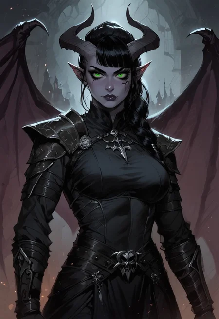 safe_pos, score_9, score_8_up, score_7_up, BREAK, 1woman portrait, beautiful, dramatic lights ((Succubus, Demon Girl, Succub, horns, seductive, seductive look, goth, goth girl, goth makeup, muscular, athletic, muscular woman, athletic woman, green eyes, wings, bat wings grey skin, grey colored skin, black hair, long braided ponytail, bangs, side bangs,))
<lora:Fant5yP0ny:0.6> <lora:fantasy_world_pony:0.9>
<lora:Cherry-Gig:0.55>