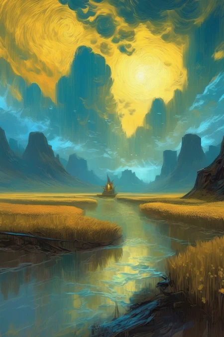 <lora:Noah Bradley Style:1>Noah Bradley Style - quickpaint, visible brush strokes, A stunning fantasy illustration by vincent van gogh and noah bradley, ethereal, I can't believe how beautiful this is