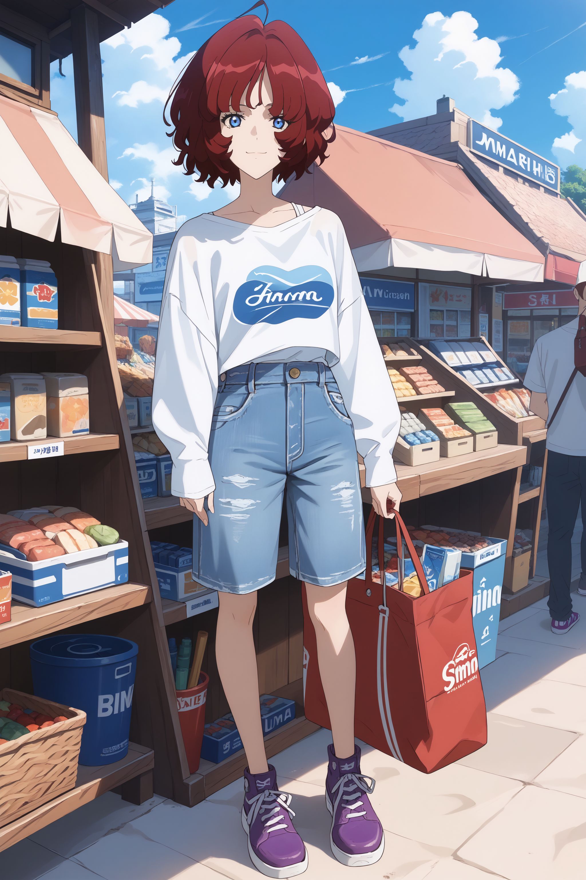score_max, (score_9, score_8_up, score_7_up:1.2), score_6_up, official art, source_anime, anime screencap,
, masterpiece, absurdres, high detail, 8k,
beach, shop, low wood,
standing, hand up, waving, light smile, looking at viewer,
ami, white shirt, sleeves, denim shorts, purple shoes, sneakers, holding bag
<lora:XL_Pony_anime-lupin5-ami-t2:1.3>