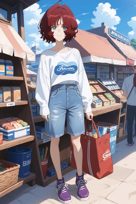 score_max, (score_9, score_8_up, score_7_up:1.2), score_6_up, official art, source_anime, anime screencap,
, masterpiece, absurdres, high detail, 8k,
beach, shop, low wood,
standing, hand up, waving, light smile, looking at viewer,
ami, white shirt, sleeves, denim shorts, purple shoes, sneakers, holding bag
<lora:XL_Pony_anime-lupin5-ami-t2:1.3>