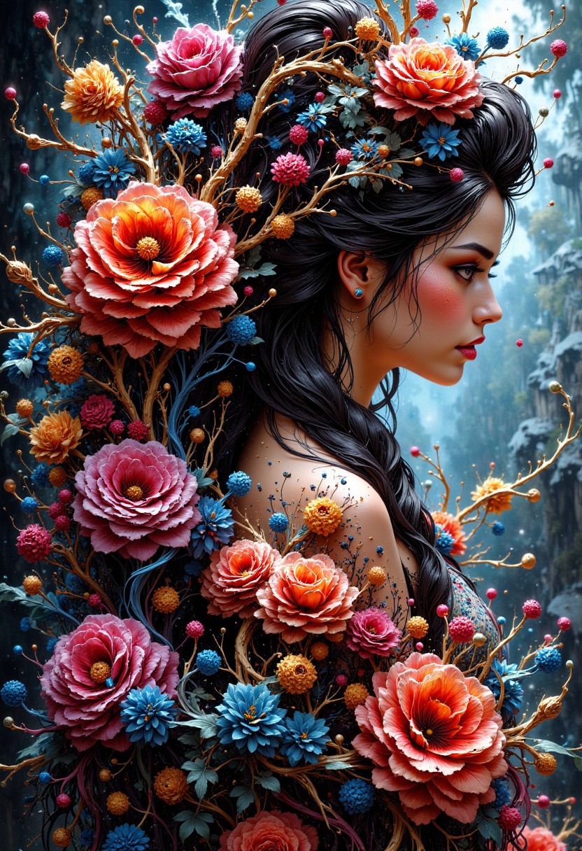 masterpiece, side portrait of a beautiful oriental woman made of flowers, abstract, fractal art , HD32K, wallpaper, hyperdetailed, mythp0rt