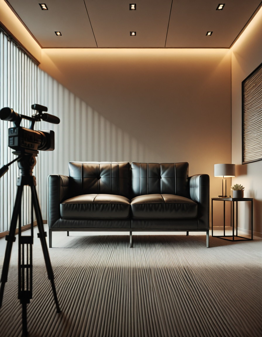 A high-quality, realistic photograph of a modern casting office interior featuring a simple black leather couch positioned against a plain white wall. The couch is sleek, clean, and minimalist in design, with smooth cushions and subtle stitching details. In front of the couch is a small, low wooden coffee table with a few neatly stacked magazines and a glass of water. To the side, there's a professional camera on a tripod aimed at the couch, with softbox lights set up to provide balanced, diffused lighting, eliminating harsh shadows. The floor is covered with light gray carpet, adding a soft texture to the scene. The atmosphere is quiet and neutral, resembling a professional interview space. The overall composition is centered and symmetrical, with a clear focus on the furniture and equipment. No people are present. The photograph has a natural daylight tone coming from an unseen window, giving a soft, ambient glow to the room.
<lora:SDXLFaeTastic2400:0.4> <lora:extremely_detailed:0.4> extremely detailed, <lora:C4st1ng_c0uch-i:1>,C4st1ng c0uch, Masterpiece,best quality,hi res,8k,hi res,8k,award winning,(sharp focus, intricate, highly detailed),