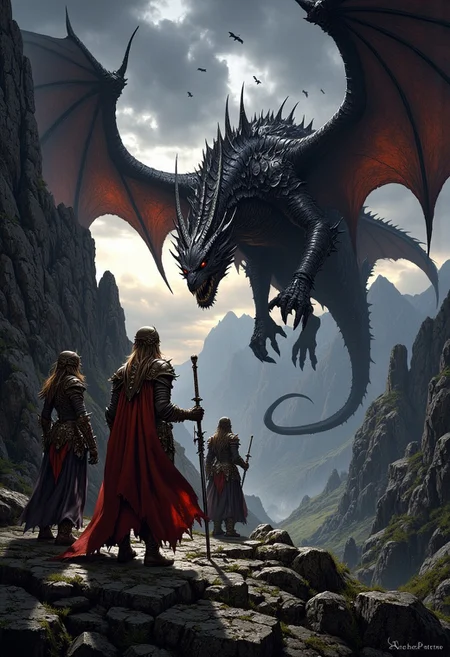 ArsMJStyle, dnddarkestfantasy, mythp0rt, three stunning warrior women, in bronze armor, armed with swords and spears, in battle stances, face a majestic fearsome dragonswooping towards them, on a mountaintop overlooking a deep gorge, viewed from behind them. Stormy sky, black clouds with shafts of reddish light from a setting sun. Perfect Composition, realistic photographic image, RAW photo highest quality, perfect directional lighting, dynamic, cinematic