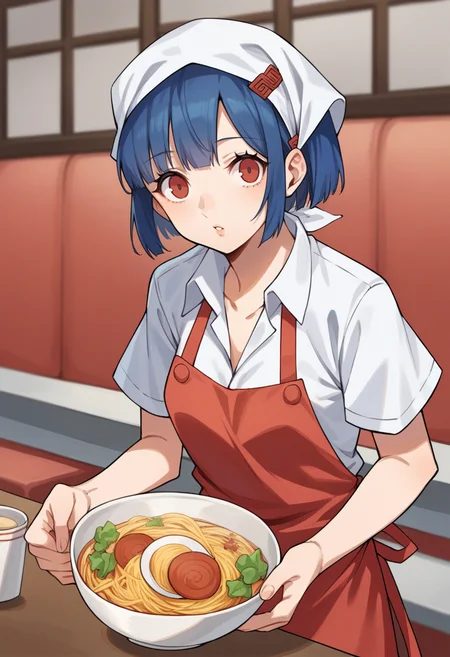 score_9, score_8_up, score_7_up, source_anime BREAK 1girl, solo,
<lora:zs_AikaXL:1> aikap4, short hair, blue hair, red eyes, head scarf, shirt, red apron
restaurant, holding ramen bowl, cowboy shot