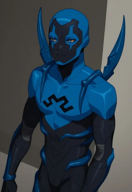 score_9, score_8_up, score_7_up, highly detailed, cute boy, 1boy, solo, Blue beetle, blue and black costume, mask