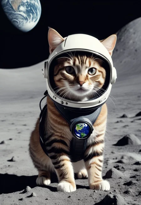 A cat with an helmet on the surface of the moon, with earth in the background, in a hyper realistic photographic style.