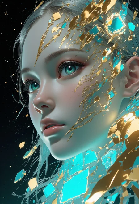 Create a highly detailed close-up image of a fantasy elf’s face, blending elements of cinematic art and modern digital design. Her pale skin glows with a soft, ethereal light, intricately adorned with golden, cracked patterns that evoke the delicate art of kintsugi, tracing along her features with a mystical glow. These patterns intertwine with neon tattoos, forming geometric shapes that pulse with a magical energy. Her large, mesmerizing eyes shift between shades of deep teal and oceanic blue, as if holding the mysteries of the sea within them, drawing the viewer into her intense, calm gaze.
Her long, silver hair cascades around her face, adding a touch of otherworldly elegance, while subtle, futuristic design elements—like squares and geometric motifs inspired by Kazimir Malevich—blend seamlessly with the organic patterns. The background is a dark, starry sky with a minimalist aesthetic, enhancing the dreamy and enigmatic atmosphere. The composition features sharp focus and a shallow depth of field, capturing every detail in a moody, cinematic style, with film grain, bokeh effects, and a vignette that adds a professional, high-budget feel. The image fuses modern and analog styles, creating a stunning portrait that is both epic and ethereal, embodying the beauty of contemporary digital art and the timeless allure of classic fantasy. b74_aes, DreamArt, detail eyes, magic eyes, de01,