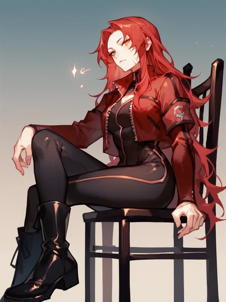 score_9, score_8_up, score_7_up, Gebura, 1woman, solo, red long hair, scars on face, heterochromia, black jumpsuit, shor red jacket, black boots, steps on chair, night room background <lora:Gebura:1>