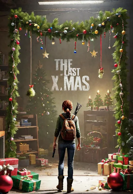 (The last of us) gameplay scene, backview of Elly with a gun,  picture of a (monster) infected by cordyceps with worn ((Christmas decorations)), overaly of sign that says (((("THE LAST XMAS")))) , mistletoe mercenaries,
