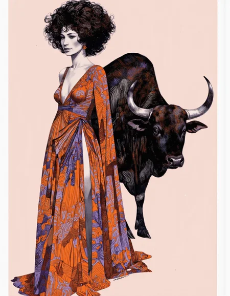 Art by Sergio Toppi. A digital illustration shoot from a frontal camera angle about a stylized illustration featuring a figure with an afro and a large, dark-skinned bull. the figure is standing in the middle of the image, wearing a long, flowing, orange and purple patterned dress that reaches down to the ground. the woman has a slender physique and small breasts, and her hair is styled in a voluminous, curly manner. she is facing the viewer with a neutral expression. the background is a simple, light pink color, and the overall style is reminiscent of contemporary art with bold lines and vibrant colors. on the right side of the figure, a large black bull with long horns is positioned, looking directly at the viewer. the overall effect is a striking contrast between the figure and the animal.