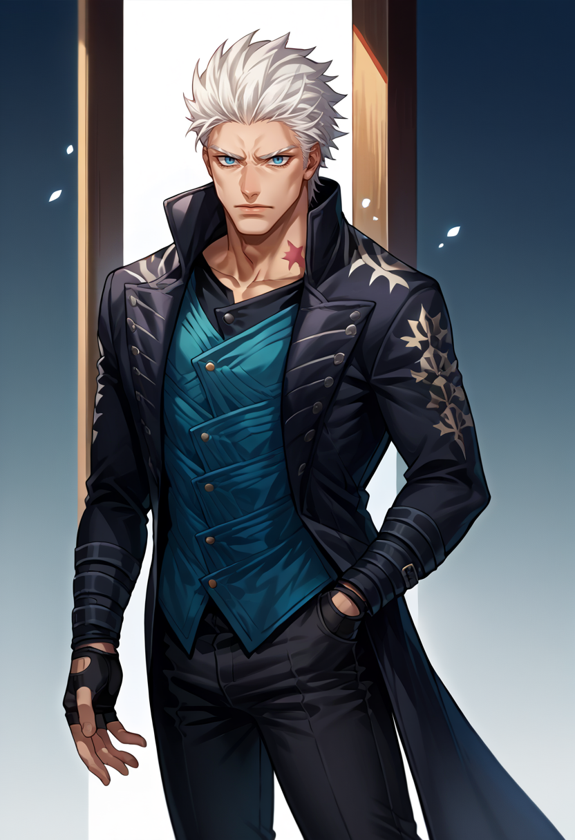score_9, score_8_up, score_7_up, source_anime, BREAK, solo, 1boy, looking at viewer, <lora:Joestar-Brithmark-pdxl_Fp:1>, joestar birthmark, birthmark, neck tattoo, <lora:dmc5_vergil_ponyXL:1>, dmc5vergil, black coat, fingerless gloves, pants, white hair, blue eyes, black pants