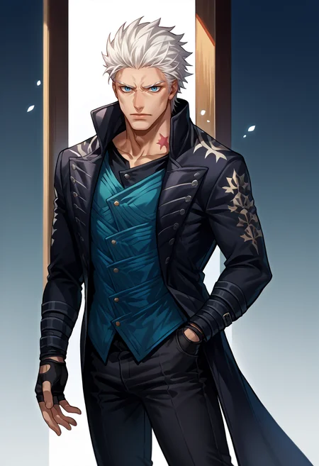 score_9, score_8_up, score_7_up, source_anime, BREAK, solo, 1boy, looking at viewer, <lora:Joestar-Brithmark-pdxl_Fp:1>, joestar birthmark, birthmark, neck tattoo, <lora:dmc5_vergil_ponyXL:1>, dmc5vergil, black coat, fingerless gloves, pants, white hair, blue eyes, black pants