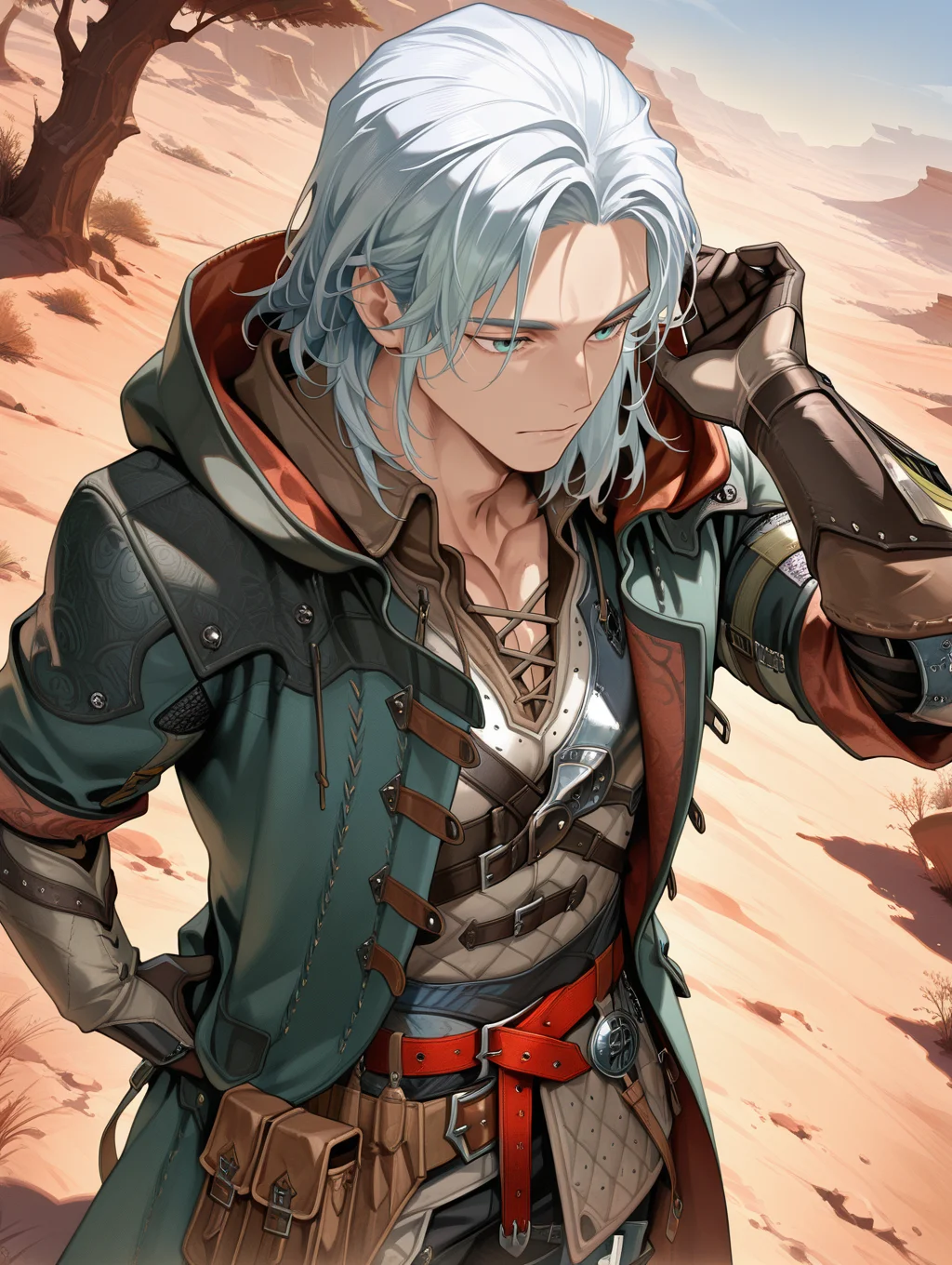 hope male armor,1boy,solo,male focus,green eyes,adjusting coat,blue eyes,closed mouth,green coat,white shirt,white gloves,from above,hood down,white pants,red belt,brown pouch,nature,desert,tree
masterpiece,best quality,amazing quality,very aesthetic,absurdres,newest,<lora:MHWilds hope armor illuXL v1:0.8>,
