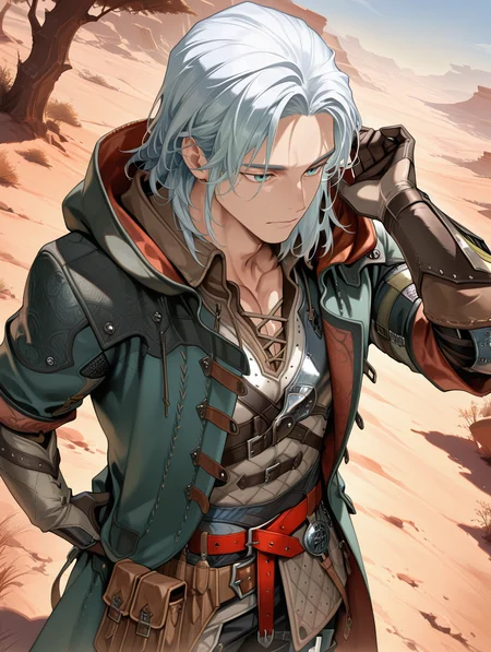 hope male armor,1boy,solo,male focus,green eyes,adjusting coat,blue eyes,closed mouth,green coat,white shirt,white gloves,from above,hood down,white pants,red belt,brown pouch,nature,desert,tree
masterpiece,best quality,amazing quality,very aesthetic,absurdres,newest,<lora:MHWilds hope armor illuXL v1:0.8>,