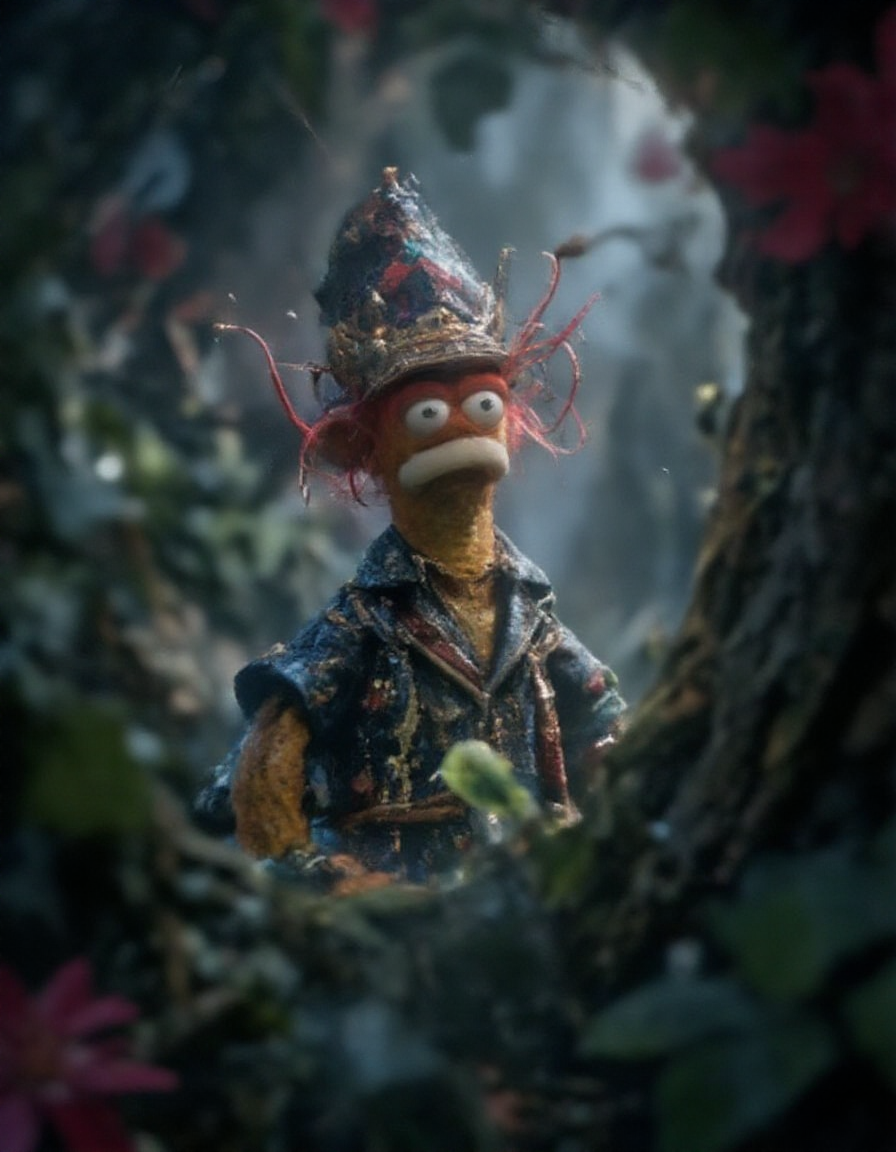 Abstract Lighting Effects, Hyperrealism, Midjourney Style, Photorealism, Cinematic, High Fidelity, Realism, Light Play, chiaroscuro, play of shadow and light, Pepe Prawn King in forrest, mythp0rt <lora:pepe-king-prawn:1>  <lora:FluxMythP0rtr4itStyle:0.8> <lora:anhei_first_flux_lora_v1:0.9> <lora:Magic of Art (FLUX):0.7>