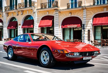 ClassicSportsCar, red Ferrari 365, side view, parked on a street in front of the Hotel Negresco in Nice on a summer day, 4K, highly detailed,