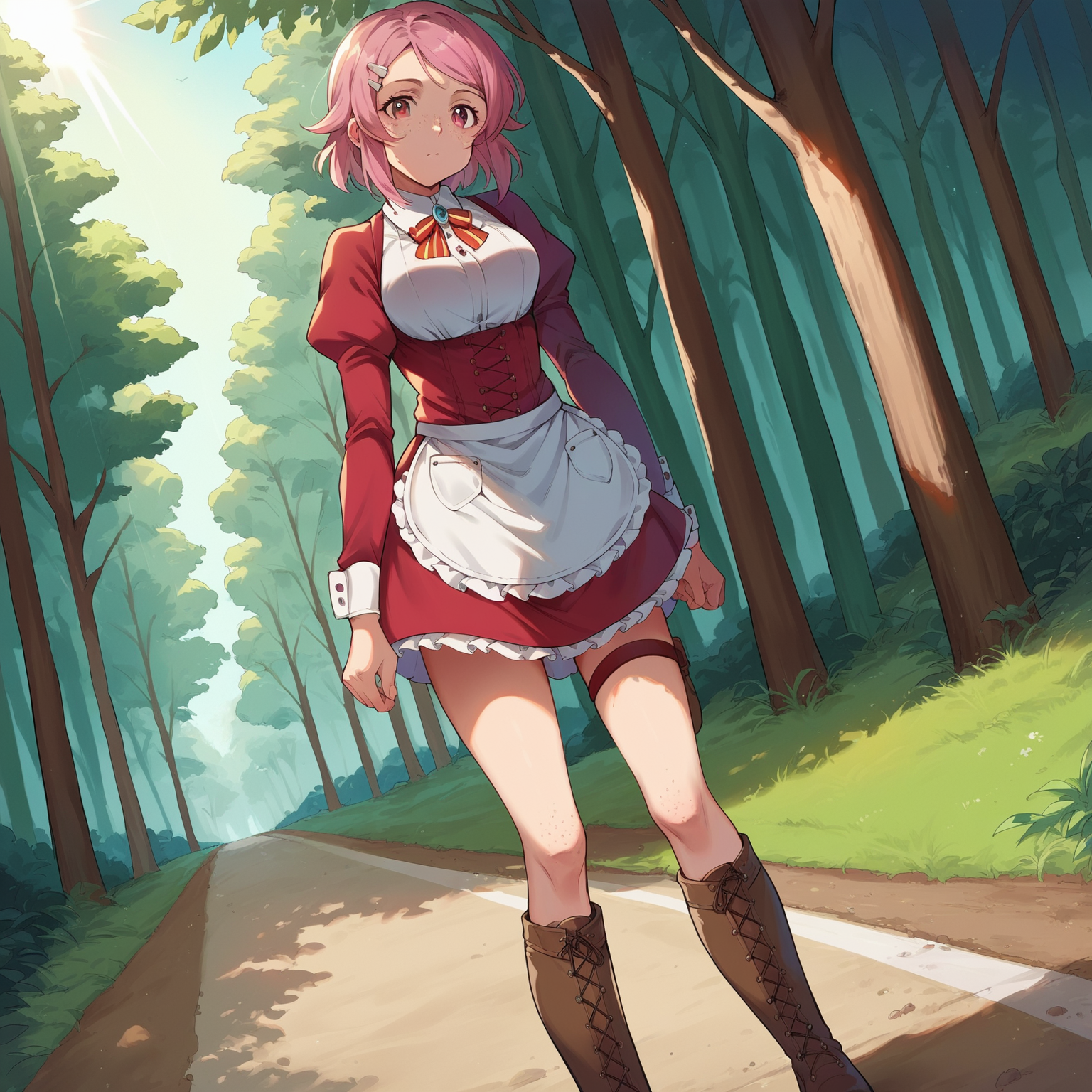 score_9, score_8_up, score_7_up, source_anime,
<lora:Sword Art Online - Lisbeth:1> SAOLisbeth, boots, white apron, long sleeves, red dress, hairclip, freckles, skirt, thigh strap, knee boots, brown footwear,
wiping face, looking at viewer, walking, forest, dirt road, sunlight,  cowboy shot, dutch angle,