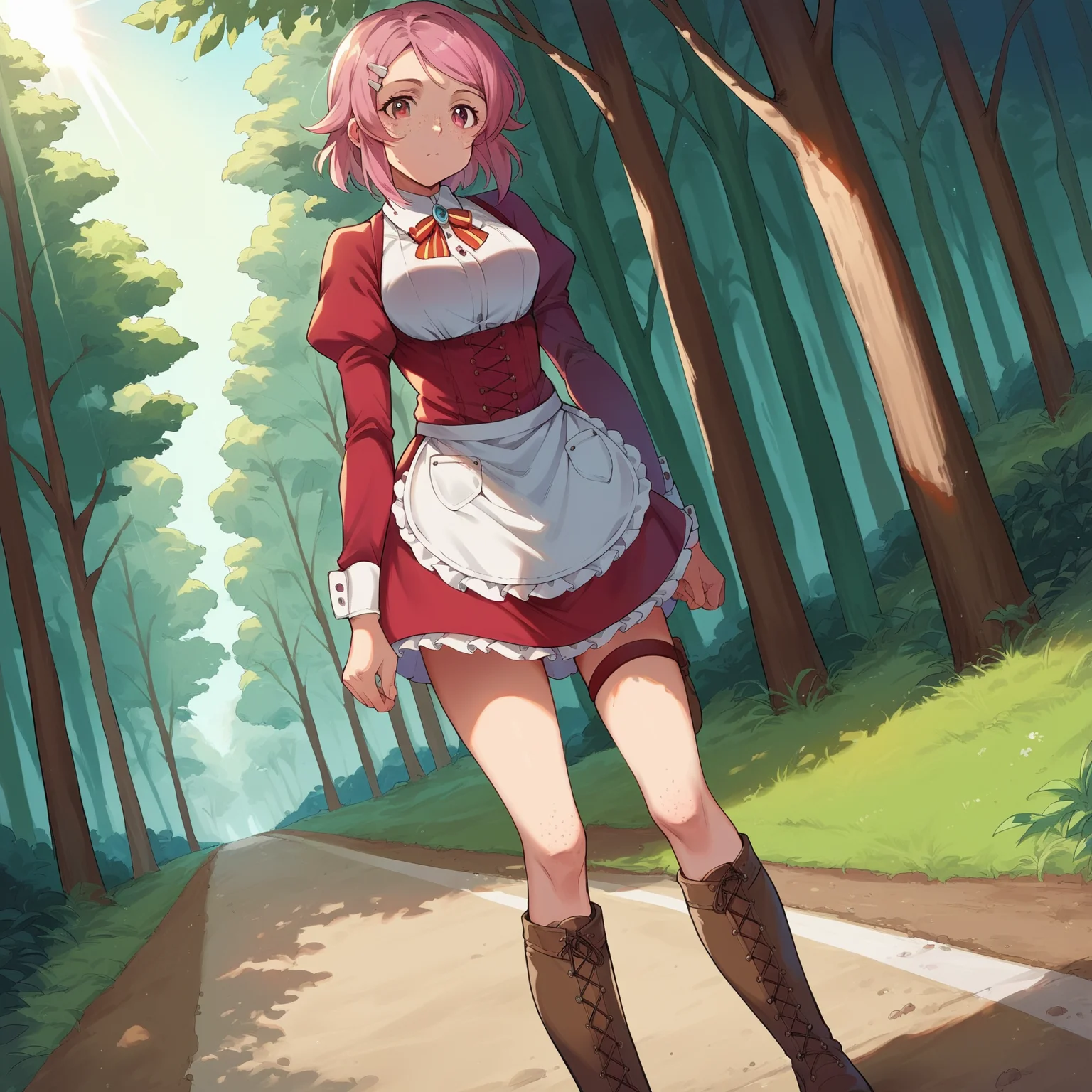 score_9, score_8_up, score_7_up, source_anime,
<lora:Sword Art Online - Lisbeth:1> SAOLisbeth, boots, white apron, long sleeves, red dress, hairclip, freckles, skirt, thigh strap, knee boots, brown footwear,
wiping face, looking at viewer, walking, forest, dirt road, sunlight, cowboy shot, dutch angle,
