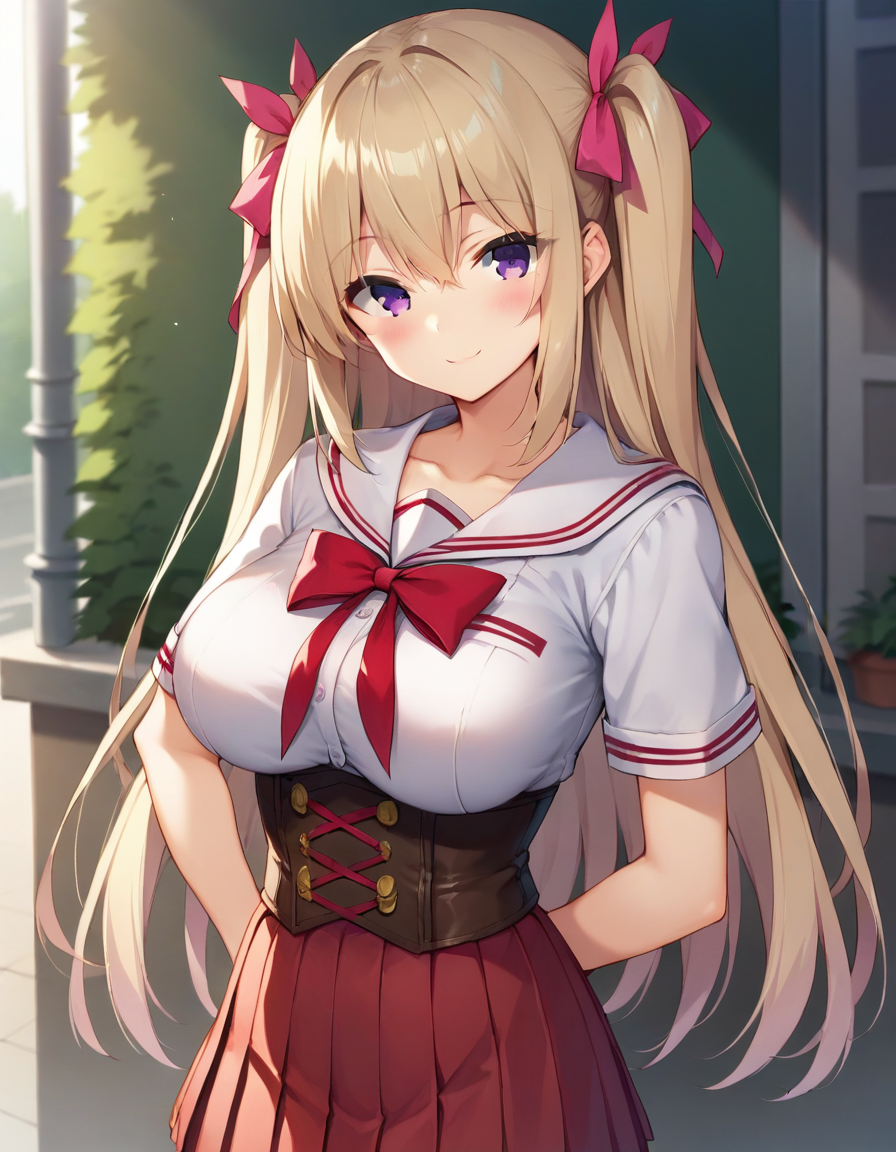 score_9,score_8_up,score_7_up,score_6_up BREAK official art,solo,outdoors,upper body,(portrait:1.5),looking at viewer,facing viewer,smile,blush,Abe Maria,very long hair,light brown hair,twintails,two side up,hair ribbon,pink ribbon,sidelocks,hair between eyes,bangs,purple eyes,collarbone,school uniform,white sailor collar,neck ribbon,red ribbon,serafuku,white shirt,large breasts,underbust,skindentation,impossible clothes,corset,short sleeves,red skirt,pleated skirt,frilled skirt,zettai ryouiki,white thighhighs,loafers,<lora:Abe Maria(stm)-Pony:0.8>,<lora:Smooth Anime Style LoRA XL:0.8>,