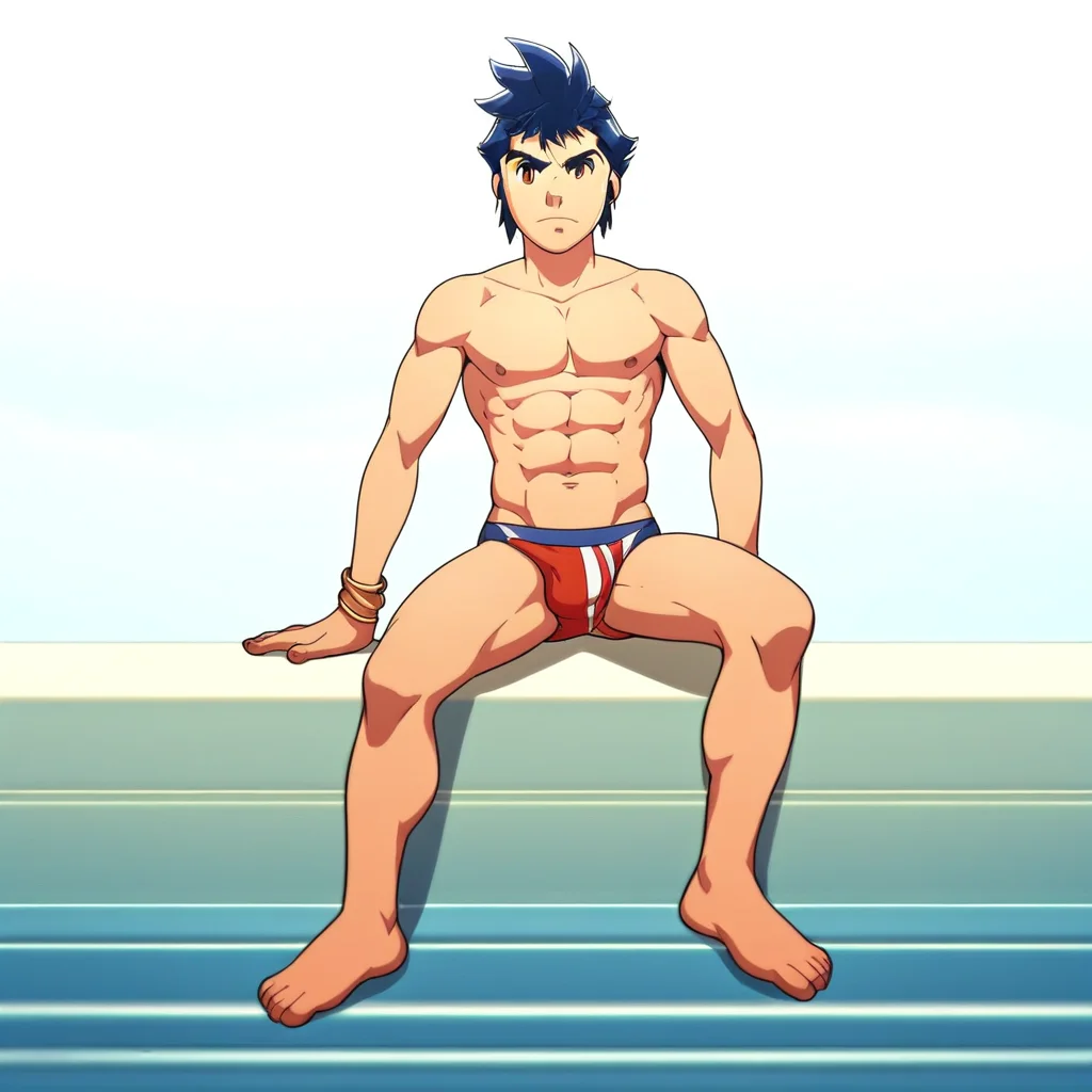 Makoto, 1boy, male focus, solo, blue hair, brown eyes, swimsuit, male swimwear, abs, bracelet, speedo, topless male,  score_9, score_8_up, score_7_up, score_6_up <lora:vinceteaa_020_04v2-step00000400r:1> good face, good eyes, looking at viewer, full body,