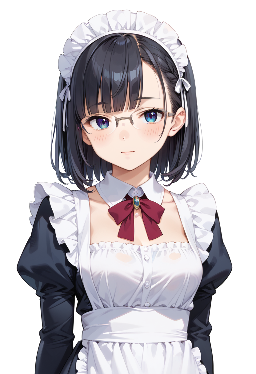 score_9, score_8_up, score_7_up, rating_safe, masterpiece, best quality, absurdres, unity 8k wallpaper, official art, official style, source_anime, uncensored, game cg, megami magazine,
1girl, solo, black hair, medium hair, upper body, covered eyes,maid, maid headdress, black dress, maid apron, face focus, 
halfrim15S, still life, white background, simple background, grey-framed eyewear,
 <lora:glasses_halfrim15s_PONY_V1:1>