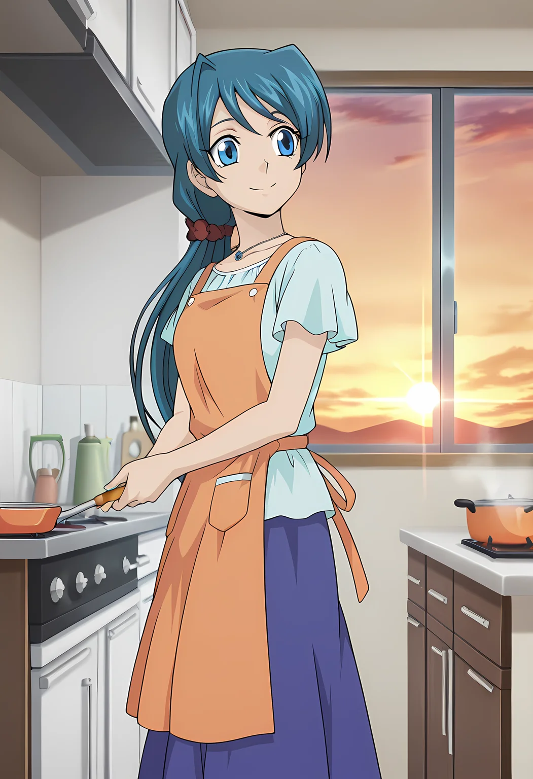 masterpiece,best quality,amazing quality,
1girl, solo, face focus,
Shizuka Sendou (Cardfight Vanguard), long hair, blue hair, blue eyes, necklace, jewelry, shirt, short sleeves, slippers, long skirt, blue skirt,
cinematic, upper body, smile,
cooking, at kitchen, holding a spatul,a
afternoon, sunset,
Lens flare, bloom,
Official style, anime screencap, anime coloring,