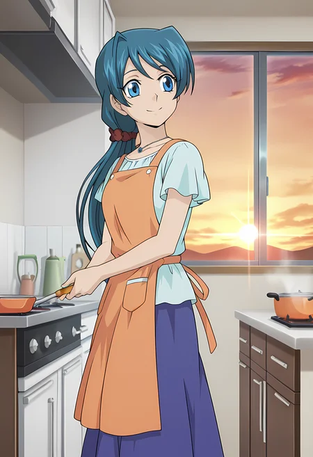 masterpiece,best quality,amazing quality,
1girl, solo, face focus,
Shizuka Sendou (Cardfight Vanguard), long hair, blue hair, blue eyes, necklace, jewelry, shirt, short sleeves, slippers, long skirt, blue skirt,
cinematic, upper body, smile,
cooking, at kitchen, holding a spatul,a
afternoon, sunset,
Lens flare, bloom,
Official style, anime screencap, anime coloring,