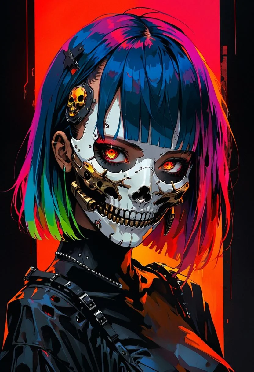 sinozick style, fiery aura, 1girl, cyberpunk, dark theme, metal mask, metal three quarters face mask, solo, cyborg, skull, looking at viewer, multi-colored hair, white eyes, bloody, large breasts, claws,