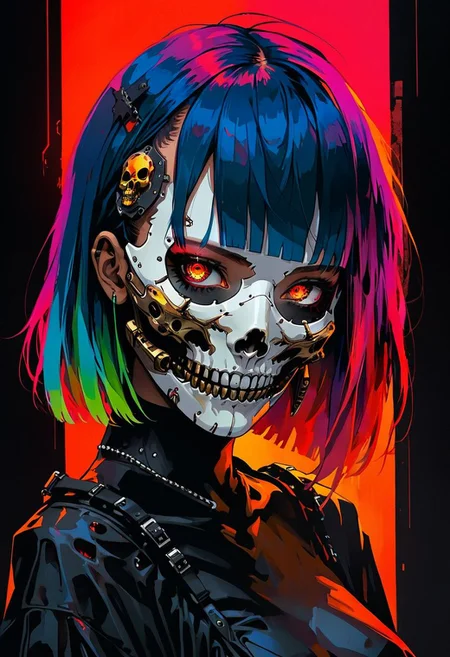 sinozick style, fiery aura, 1girl, cyberpunk, dark theme, metal mask, metal three quarters face mask, solo, cyborg, skull, looking at viewer, multi-colored hair, white eyes, bloody, large breasts, claws,