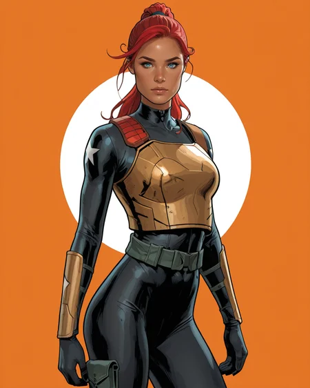 masterpiece, best quality, absurdres, perfect quality, absolutely eye-catching, <lora:JeffSpokesIllus:1> jspokes, <lora:ScarlettGIJoeIllus:1> scarlettgijoe, 1girl, red hair, blue eyes, ponytail, bodysuit, armor, simple background,