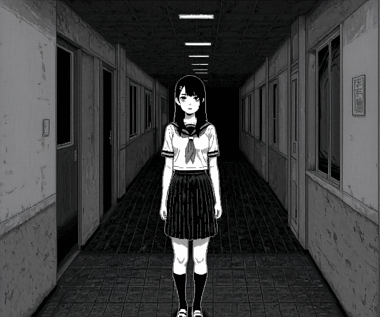 masterpiece, best quality, amazing quality,  1girl, solo, ,standing, hallway, looking at looking at viewer, school uniform, horror \(theme\), <lora:World of Horror style:1.2> WoH, pixel art, grayscale, monochrome