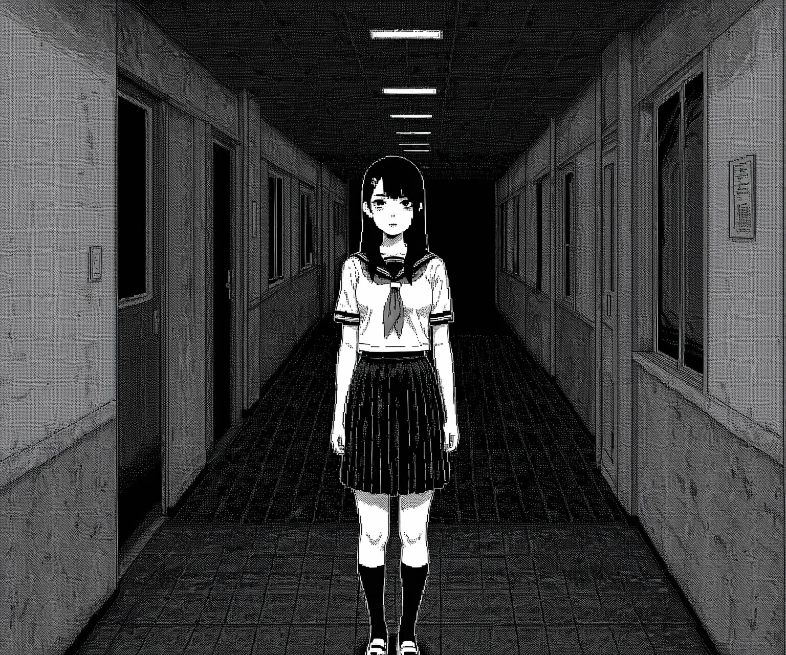 masterpiece, best quality, amazing quality, 1girl, solo, ,standing, hallway, looking at looking at viewer, school uniform, horror \(theme\), <lora:World of Horror style:1.2> WoH, pixel art, grayscale, monochrome