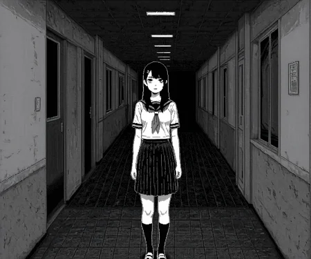 masterpiece, best quality, amazing quality, 1girl, solo, ,standing, hallway, looking at looking at viewer, school uniform, horror \(theme\), <lora:World of Horror style:1.2> WoH, pixel art, grayscale, monochrome