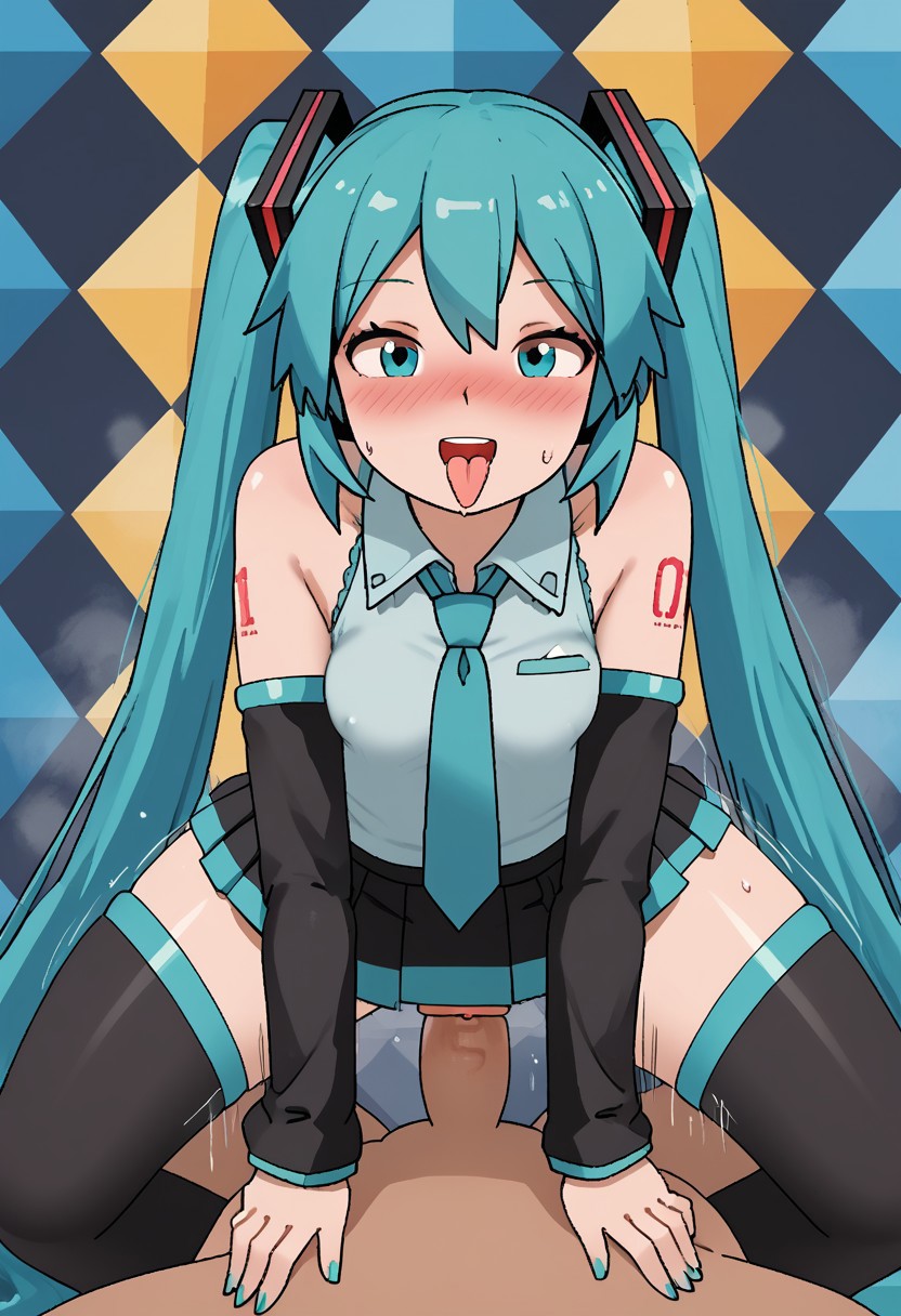 score_4,score_5,score_6,score_7_up,score_8_up,score_9 ((masterpiece,best quality,ultra detailed,highres,HD,4k:1.2)), 
Colorful background,
1 girl,1boy,hetero,pov,solo forcus,girl forcus, perfect penis,perfect nipples,perfect pussy, nsfw,Expressive,sex,straddling,cawgirl,cawgirl sex, blush,smile,open mouth,
 hatsune miku,absurdly long hair,aqua hair,twintails,hair ornament,sidelocks,hair between eyes,parted bangs, white shirt,collared shirt,bare shoulders,sleeveless shirt,aqua necktie,detached sleeves,black sleeves,shoulder tattoo,fringe,black thighhighs,miniskirt,pleated skirt,zettai ryouiki,thigh boots,
((open mouth,Sticking out tongue,blush,arousal, orgasmic arousal, sweat, steam,heart,heart effect)) ((motion blur, motion lines:1.2))
