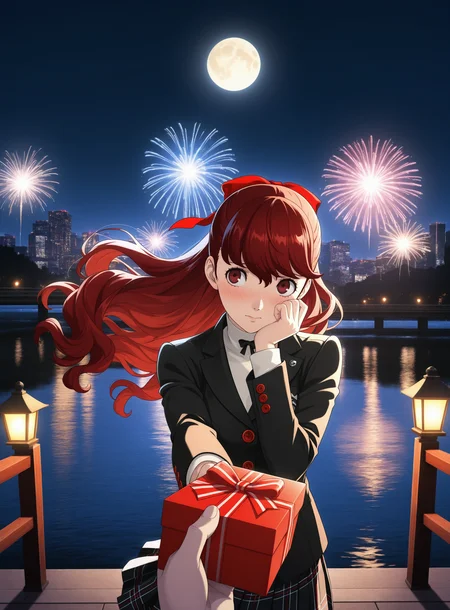 masterpiece,best quality,amazing quality,anime coloring, anime screencap, official art,
yoshizawa kasumi, persona 5, school uniform,
standing, (shy),looking at viewer, flowing hair, wind, upper_body,gift box, holding gift,outstretched hand, hand on own face, looking away,
outdoors, night, city lights, full moon, backlighting, lake, lantern, fireworks, bridge, riverbank,photo background,realistic background, reflection, POV,