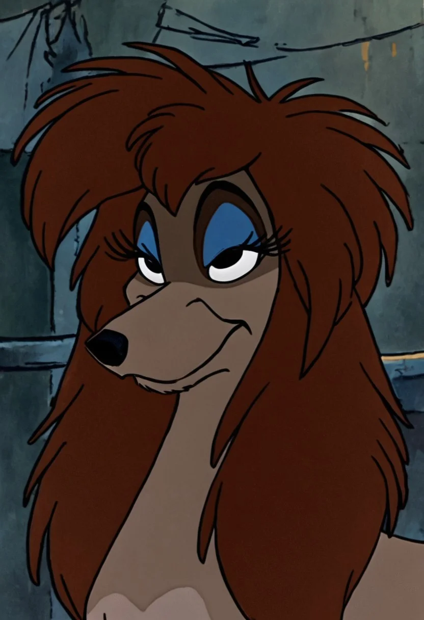 score_9, score_8_up, score_7_up
Rita, Saluki, Dog, Female Dog, feral, non-anthro, light-brown fur, Brown forelegs, Dark brown ears, dark brown hair, eyelashes, blue eyeshadow, black nose, black eyes, large eyes, cartoon, disney, Solo, 1girl, sitting smiling, eyes open