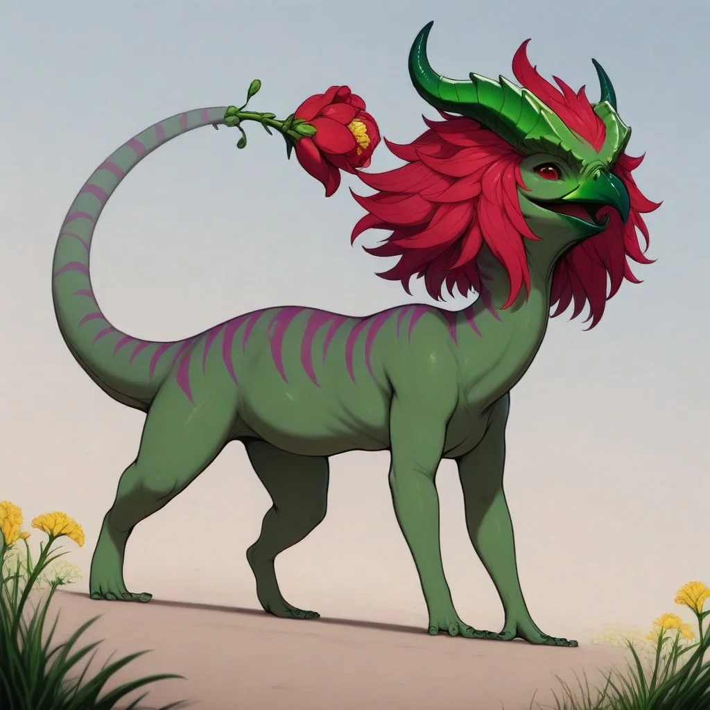 Rating: safe, masterpiece, best quality, amazing quality, highres, absurdres, Gaula, 1animal, quadruped, feral sharp beak, red tail tip, flower bud tail, tapered tail tip, green horns, horns pointing forward, dark green skin, thick purple stripes, short neck, (raschen, small, chubby, small feet, short, short legs), red head mane, thick head mane, red back spikes,
high angle,