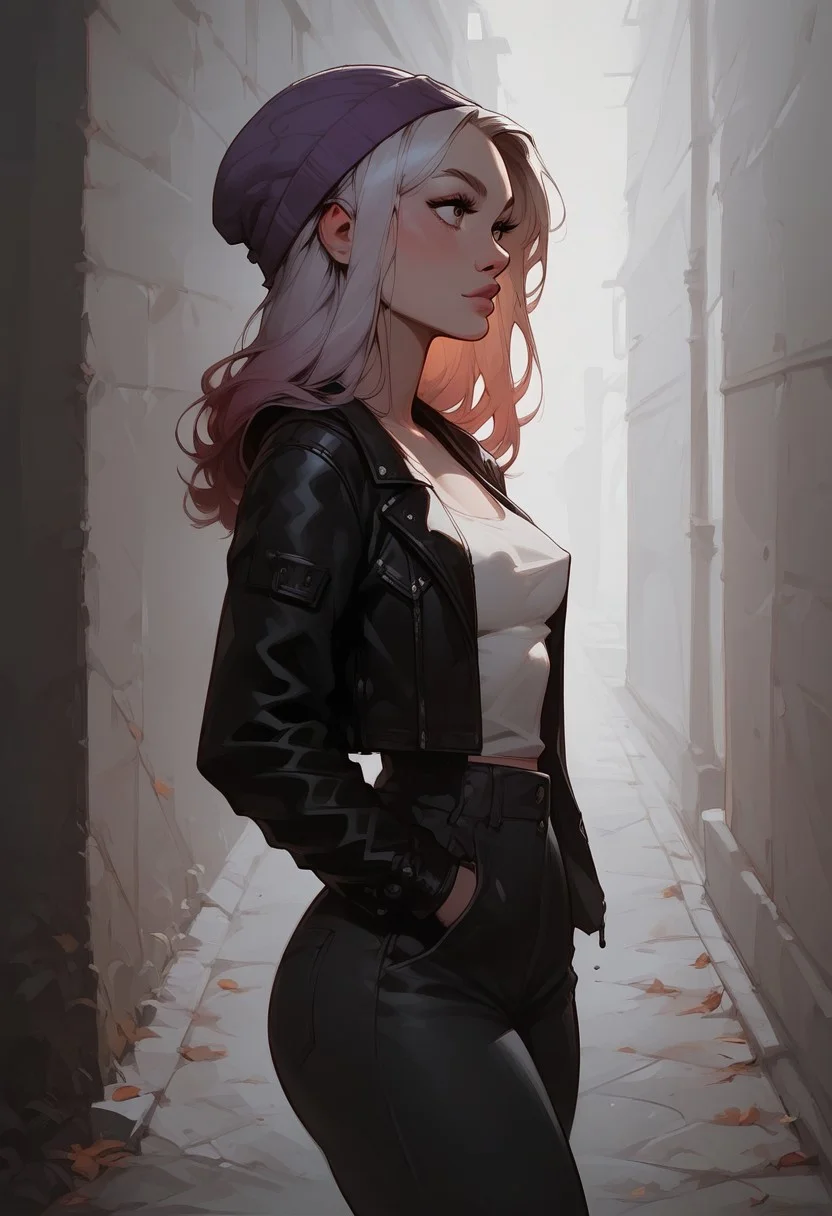 score_9, score_8_up, score_7_up, ExpresHGothicNeonIncase, high angle, 1girl, shoulders length hair, straight hair, platinum hair, (violet) gradient hair, dark eyes, cute face, medium breasts, athletic, narrow hips, pale skin, solo, walking, black leather jacket, white tank top, side boob, nipple peek, black leather pants, hands on pocket, street, beanie, autumn scenario, looking away, side view, cowboy shot, closeup