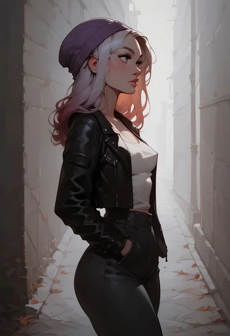 score_9, score_8_up, score_7_up, ExpresHGothicNeonIncase, high angle, 1girl, shoulders length hair, straight hair, platinum hair, (violet) gradient hair, dark eyes, cute face, medium breasts, athletic, narrow hips, pale skin, solo, walking, black leather jacket, white tank top, side boob, nipple peek, black leather pants, hands on pocket, street, beanie, autumn scenario, looking away, side view, cowboy shot, closeup